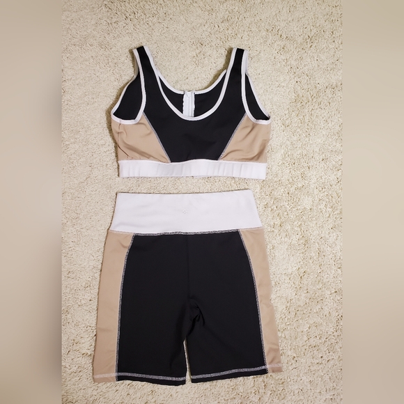 2 Pc CALI SPORT Women Athletic Shorts Sports Bra Top Black Tan White BUNDLE - Picture 2 of 16